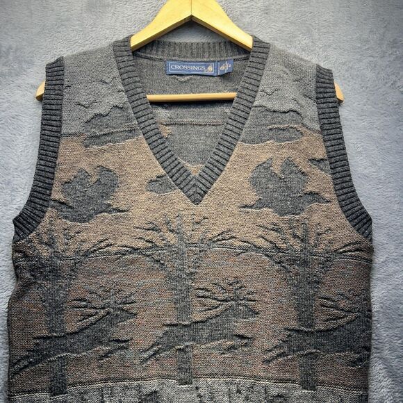 Vintage Wool Vest Mens Medium Gray Sweater Old Money Deer Duck Fishing 90s Y2K - Picture 2 of 9